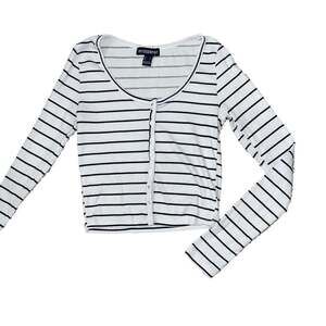 Striped Button Front Long Sleeve Cropped Top